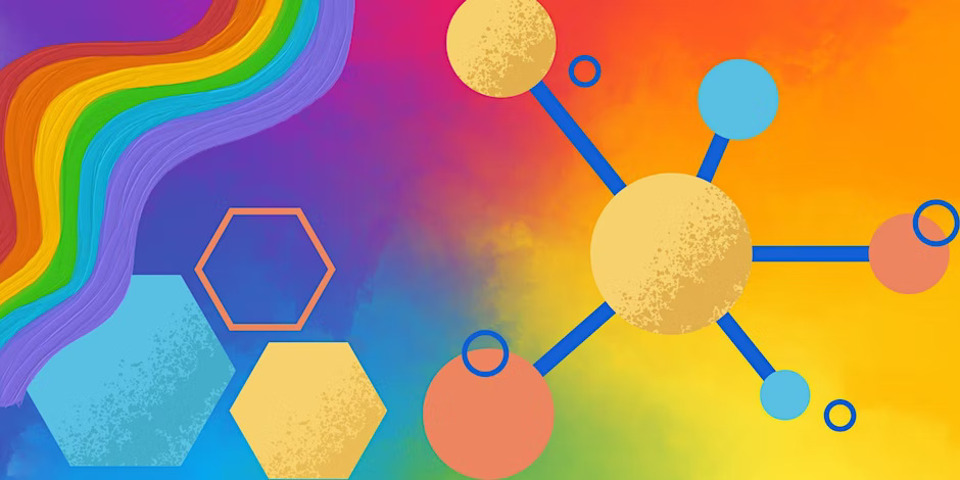 Abstract image with a rainbow ribbon on a purple background, three hexagons, and a network of connected circles on a vibrant yellow-orange gradient.